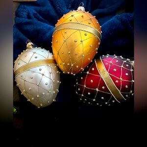 Handmade Blown Glass Dept 56 Glitter Egg Christmas 3 Ornaments Set Poland Rare